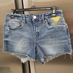 💕BLANKNYC💕 Astor Cut Off Shorts Sun Rainbow Embroidered Denim Raw Hem 27 NWT